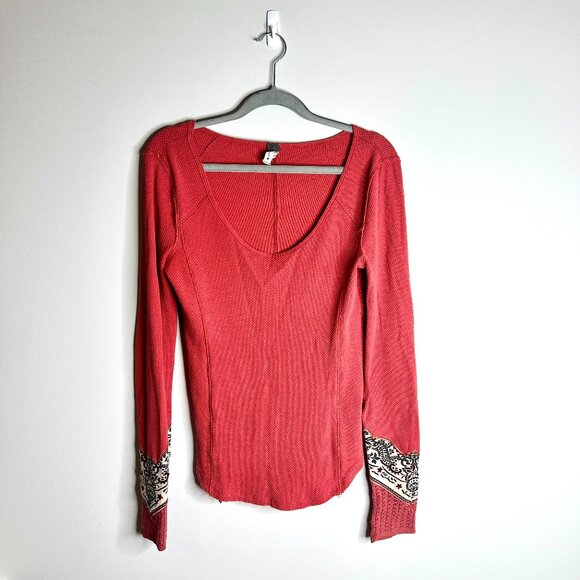 Free People We the Free Knit Henley Bandana Cuff Sleeve Top Thermal Waffle Knit - Picture 2 of 7